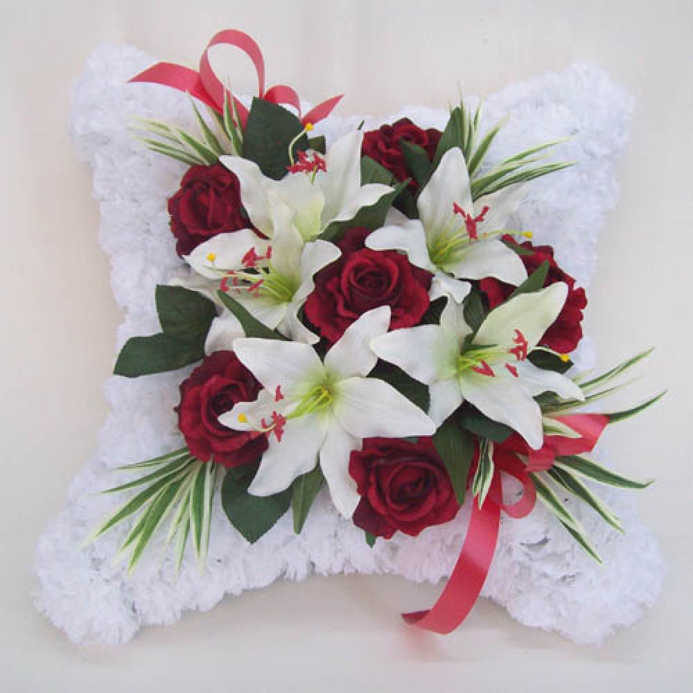 Silk Flower Funeral Cushion Red Rose Memorial Tributes